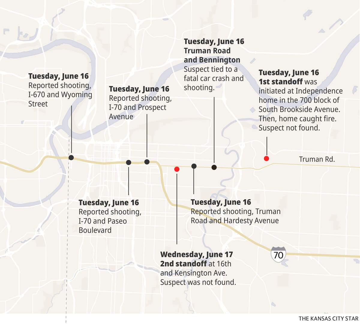 Map showing the locations of shootings and two standoffs over the past two days.