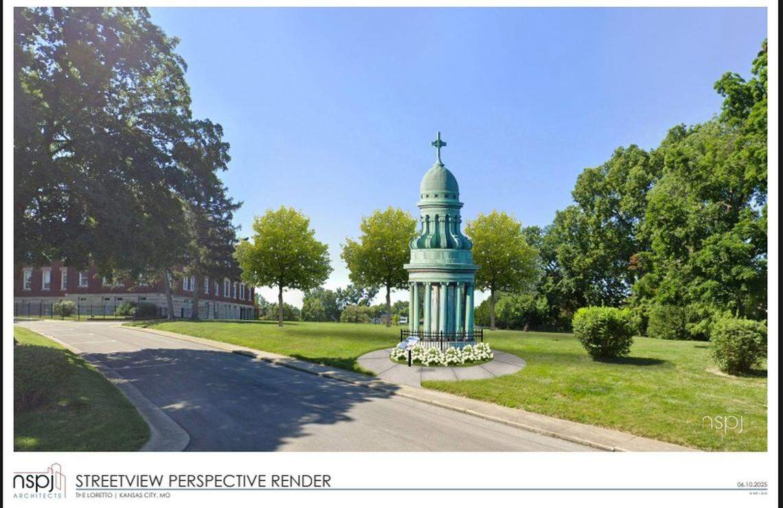 If it is not possible to restore or replace the Loretto bell tower on top of the building, one possibility, as seen in a rendering, it to place it on raised pedestal on the property grounds.