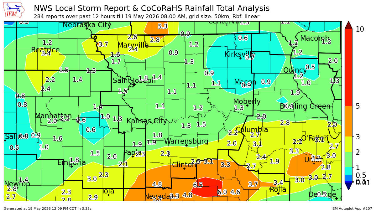 Nearly two inches of rain fell from severe thunderstorms that swept through the Kansas City metro overnight, prompting storm warnings. The southern part of the metro saw the highest amounts. This map from the Iowa Environmental Mesonet at Iowa State University shows where the heaviest rains fell across the region.