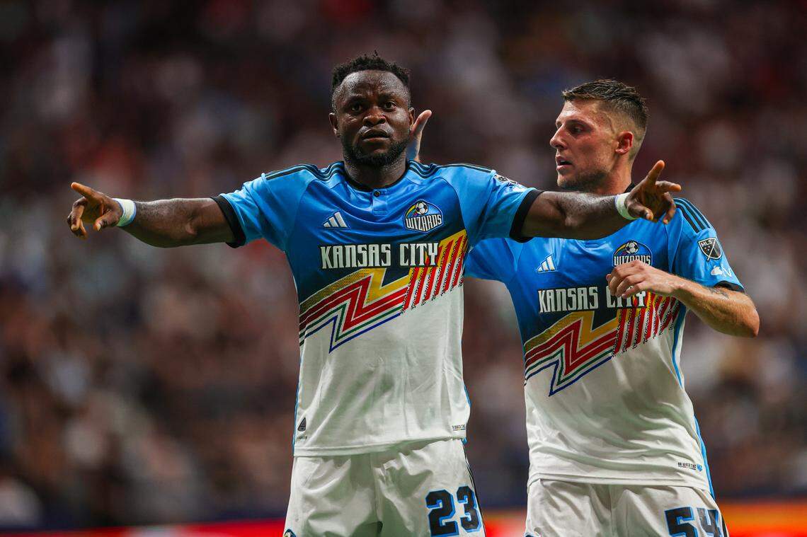 Sporting KC sported throwback jerseys referencing the KC Wizards during a match against Vancouver on July 17, 2024, during which Willy Agada (left) scored and celebrated.