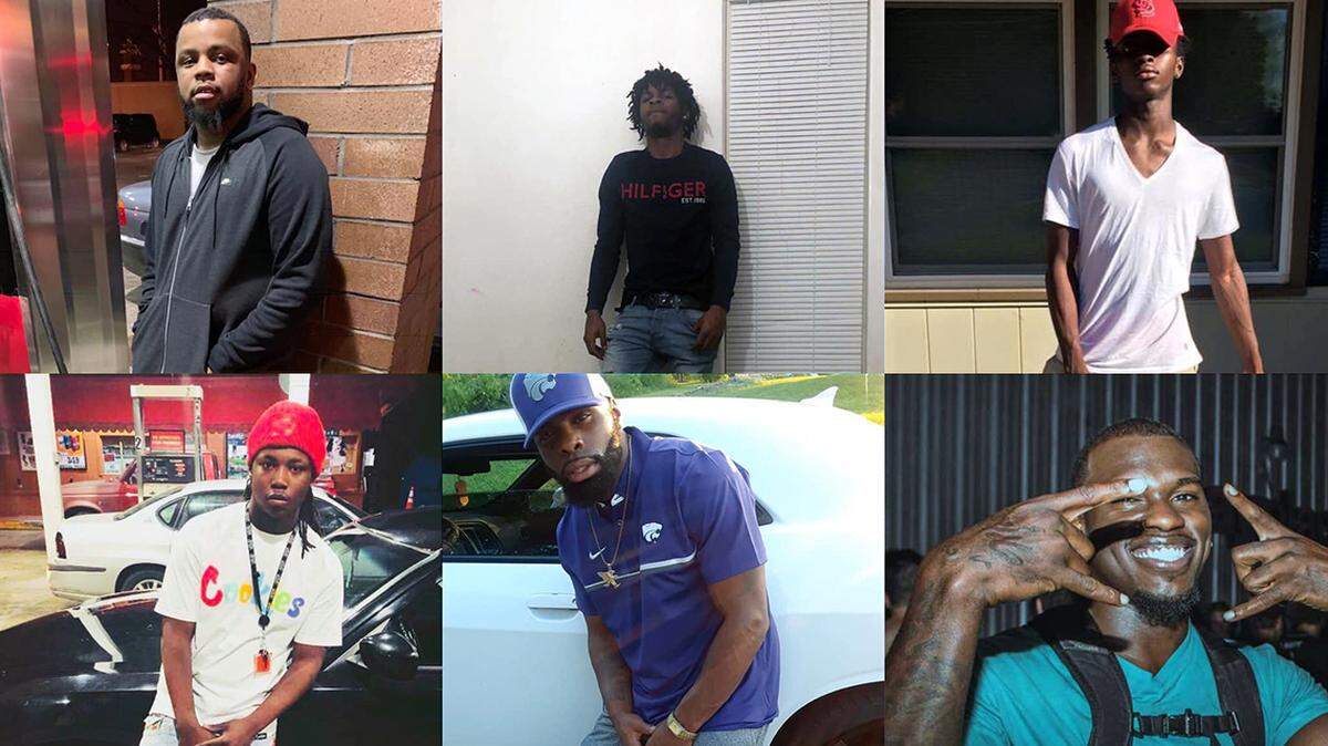 At top, from left, are: Jackie Johnson, 25; Aaron Mason, 23; Jaiair Strong, age unknown; Larenzo Hudson, 20; Marcus Neal, 29; and John T. Wilson III, 23. All six died before the age of 30 due to gun violence.