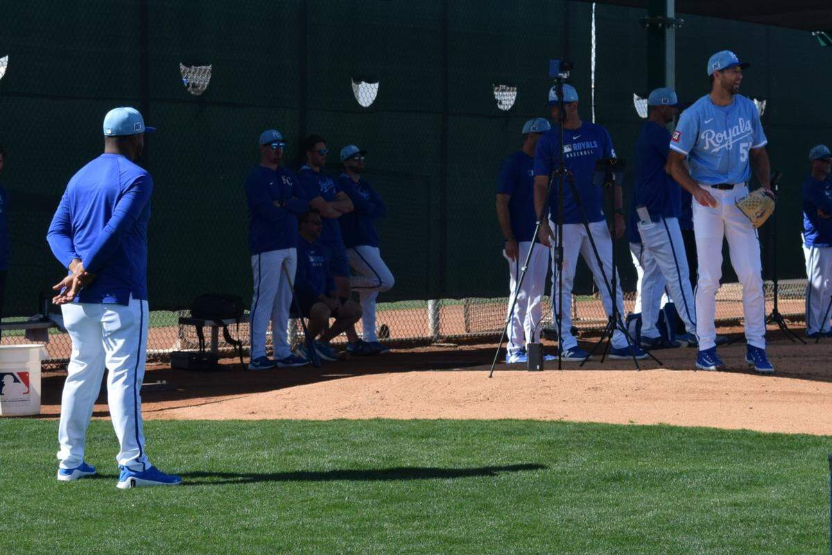 Former Kansas City Royals ace Edinson Vólquez watches Michael Wacha’s bullpen session on Monday, Feb. 24, 2025 from the club’s spring training complex in Surprise, Arizona.
