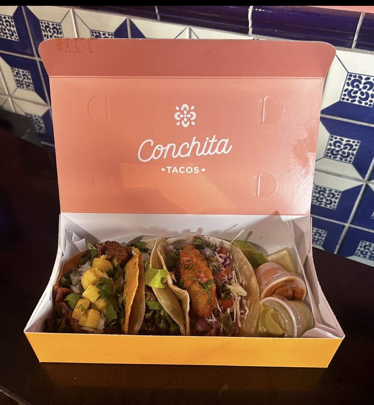 Conchita’s menu features al pastor, baja fish, carne asada and vegan tacos.