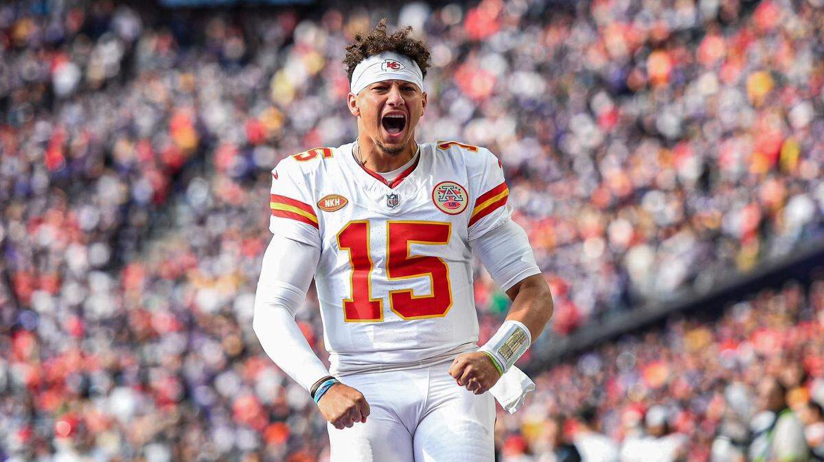 Chiefs quarterback Patrick Mahomes yells after warming up (his customary pre-game ritual) before an October showdown against the Vikings at U.S. Bank Stadium in Minneapolis, Minn.