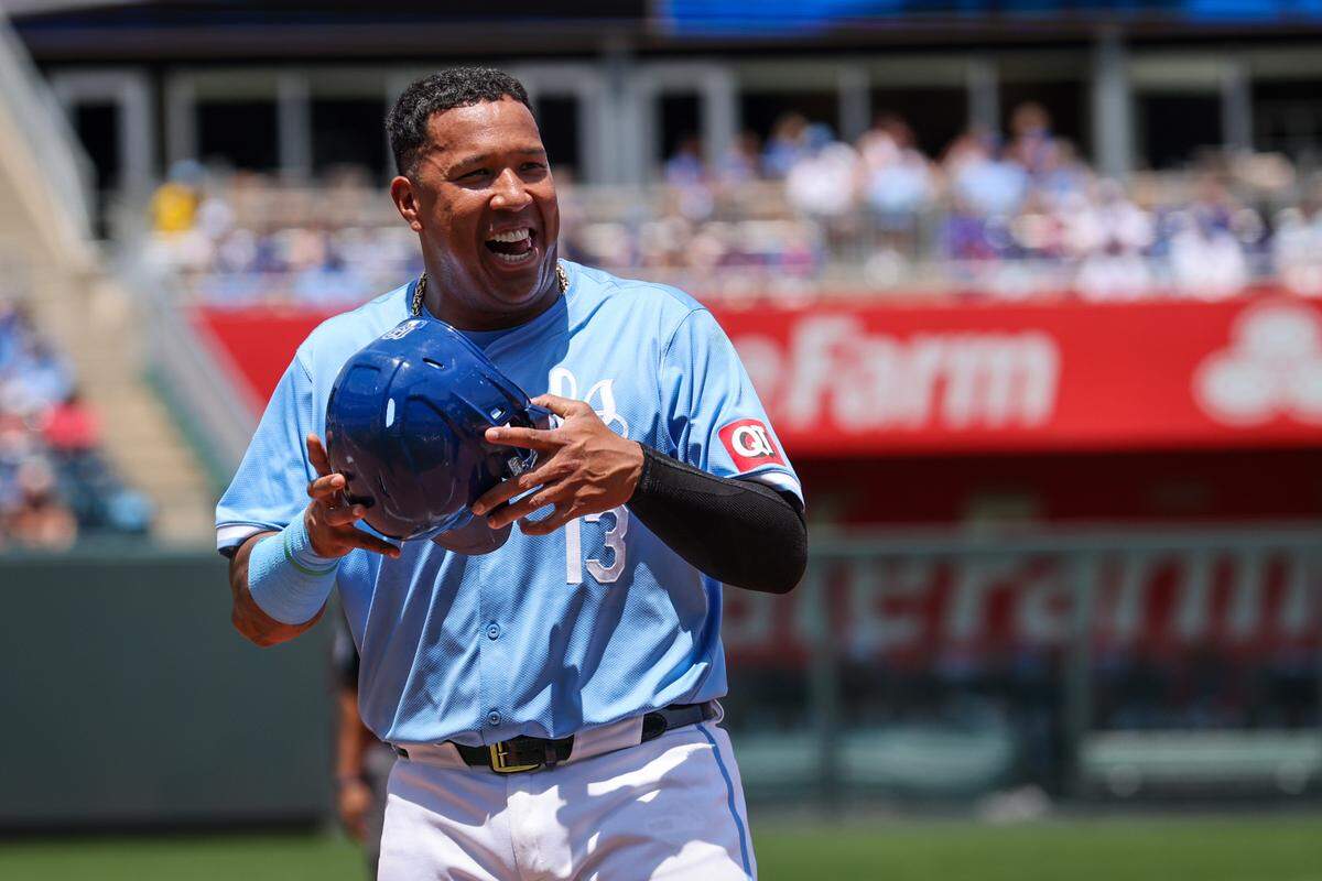 Kansas City Royals catcher Salvador Perez reacts to a review during Sunday afternoon’s game against the Cleveland Guardians at Kauffman Stadium.