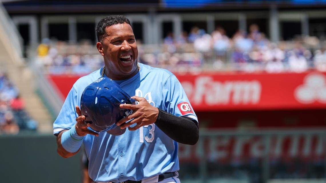 Kansas City Royals catcher Salvador Perez reacts to a review during a game against the Cleveland Guardians at Kauffman Stadium. 