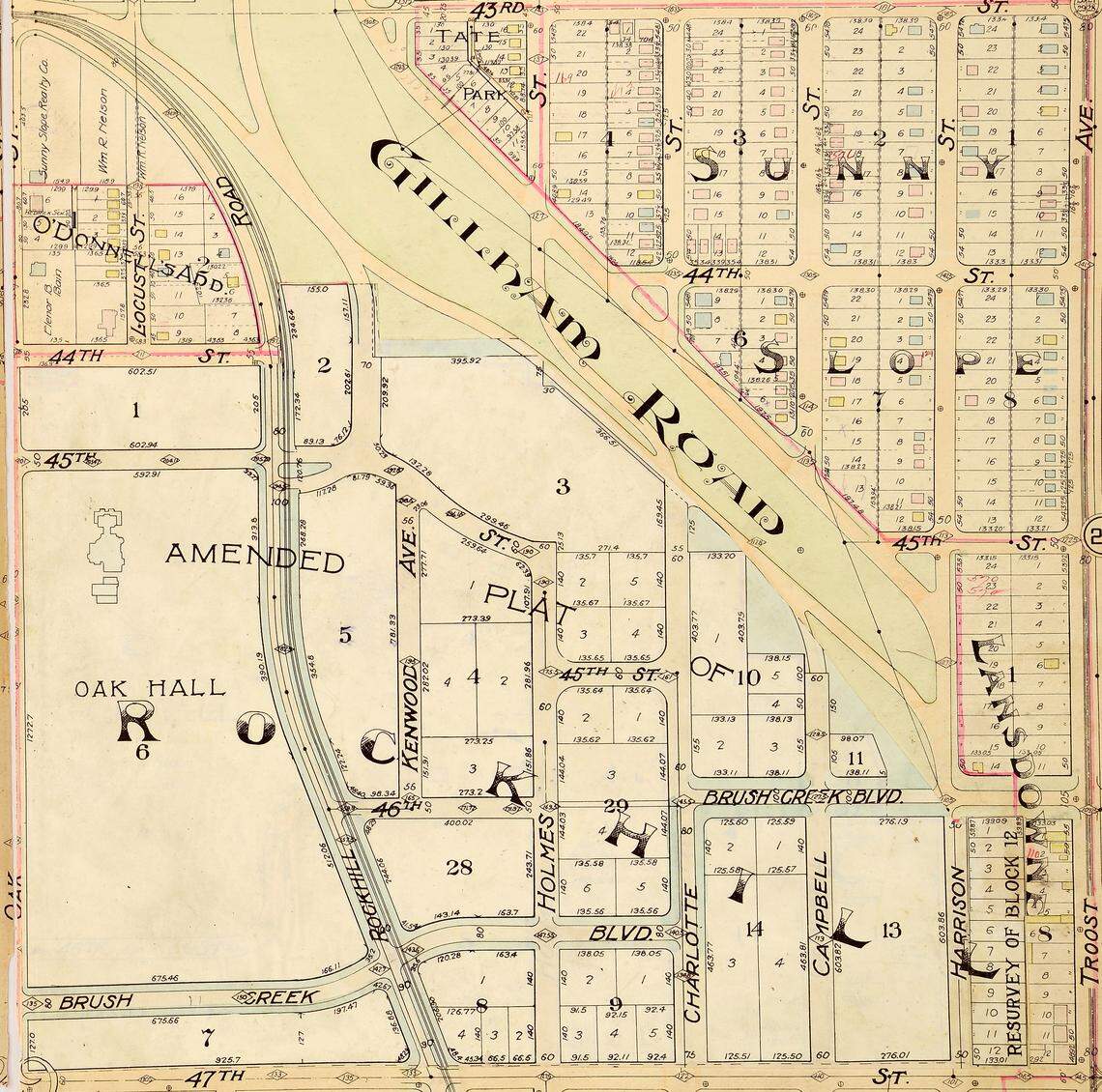 A 1907 map shows Gillham Road and Park extending south past Oak Hall, the home of William Rockhill Nelson and the future site of the Nelson-Atkins Museum of Art.