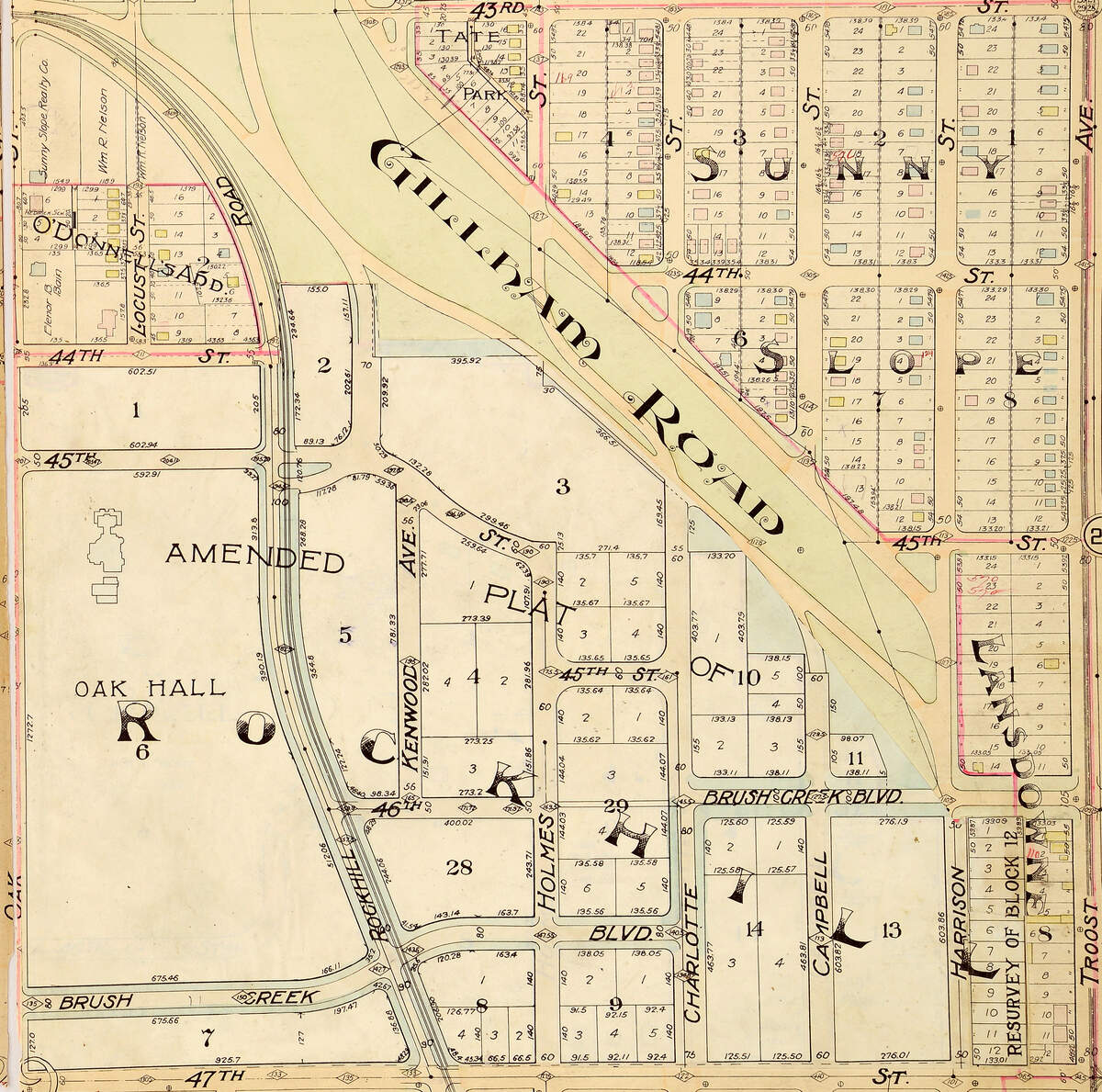 A 1907 map shows Gillham Road and Park extending south past Oak Hall, the home of William Rockhill Nelson and the future site of the Nelson-Atkins Museum of Art.