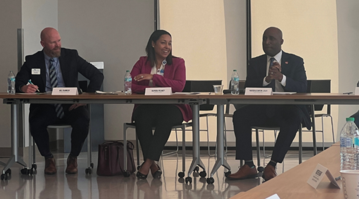 Wil Franklin, CEO of KC Care, Kamera Meaney, chief health policy and government relations officer at University Health, and Kansas City Mayor Quinton Lucas participated in the discussion held at the Samuel U. Rodgers Health Center.