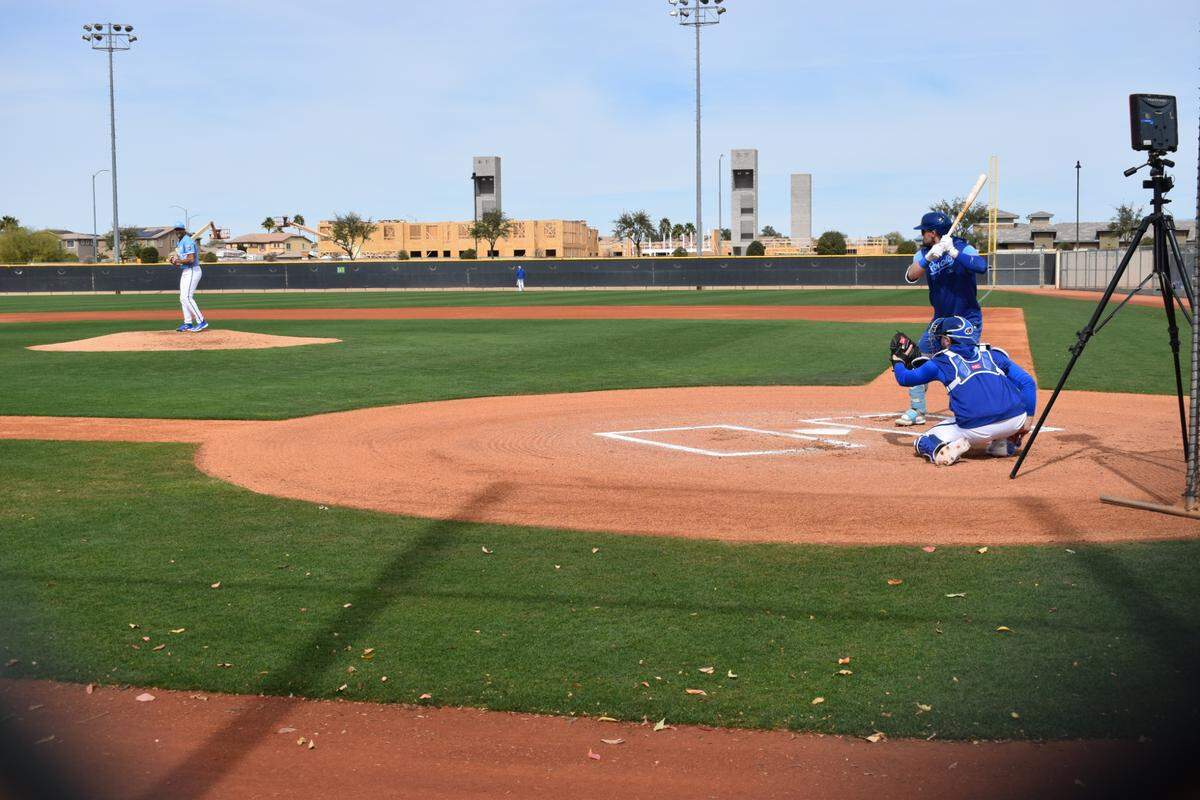 Kansas City Royals top prospect Blake Mitchell catches Royals starter Michael Wacha’s live batting practice at the club’s spring training complex in Surprise, Arizona on Feb. 16, 2025.