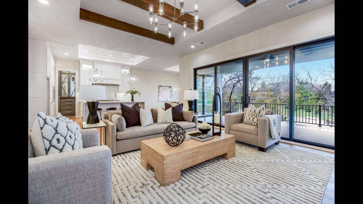 From the living room of Brian Kuhn’s build at 25080 W. 105th Terrace in Olathe, you can see the covered deck, a feature the builder especially likes.