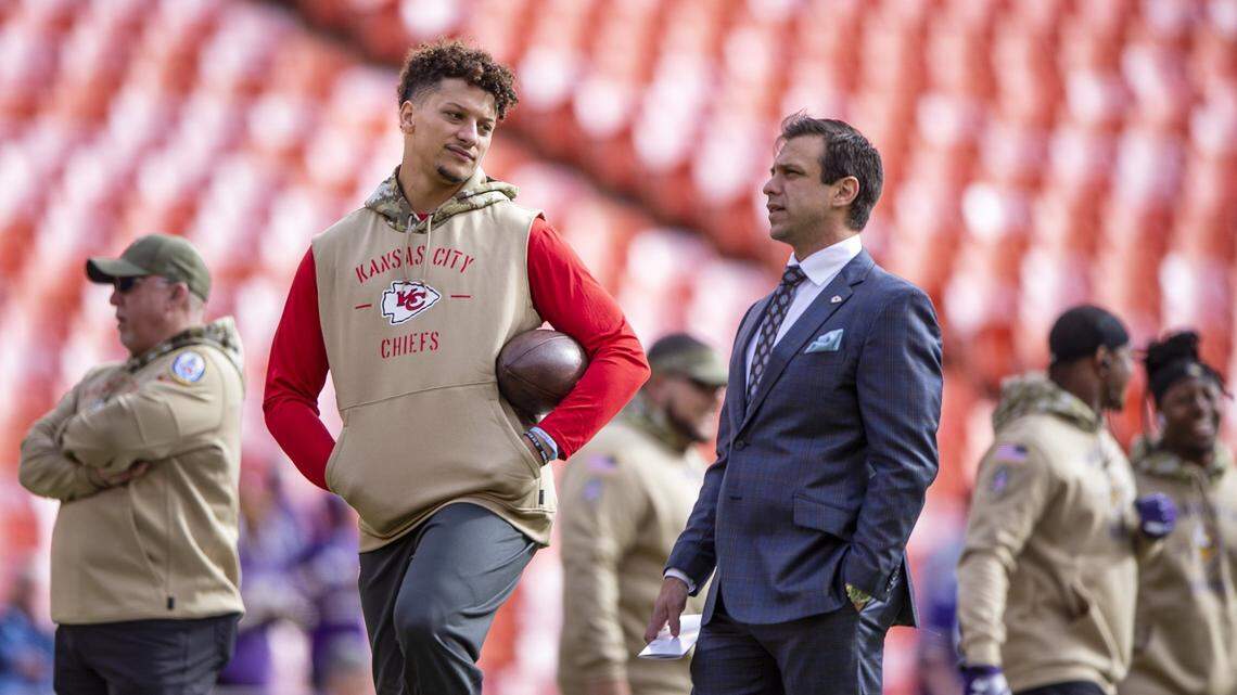 Kansas City Chiefs quarterback Patrick Mahomes stands next to Chiefs general manager Brett Veach before a game against the Minnesota Vikings Sunday, Nov. 3, 2019, at Arrowhead Stadium.