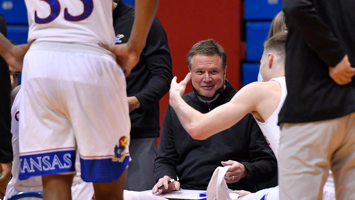KU guard Christian Braun (right) explains things to Kansas head coach Bill Self during a timeout during the second half of Thursday night’s game at Allen Fieldhouse. KU beat Iowa State 97-64 (Feb. 11, 2021).