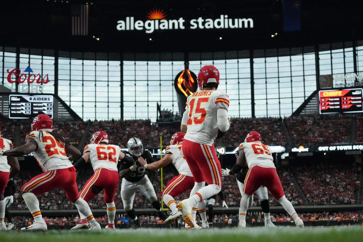Oct 27, 2024; , Kansas City Chiefs quarterback Patrick Mahomes drops back to pass against the Las Vegas Raiders during a Sunday, Oct. 27, 2024 NFL Week 8 game at Allegiant Stadium in Paradise, Nevada.
