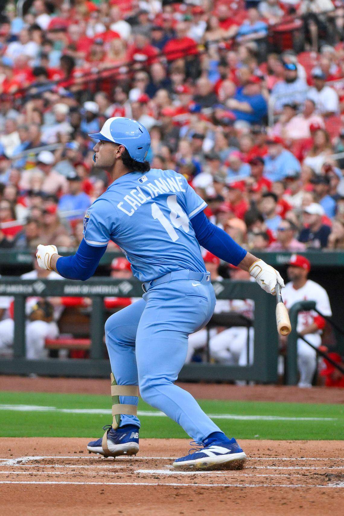 Kansas City Royals designated hitter Jac Caglianone (14) bats against the St. Louis Cardinals during the second inning of his Major League Baseball debut at Busch Stadium on June 3, 2025.