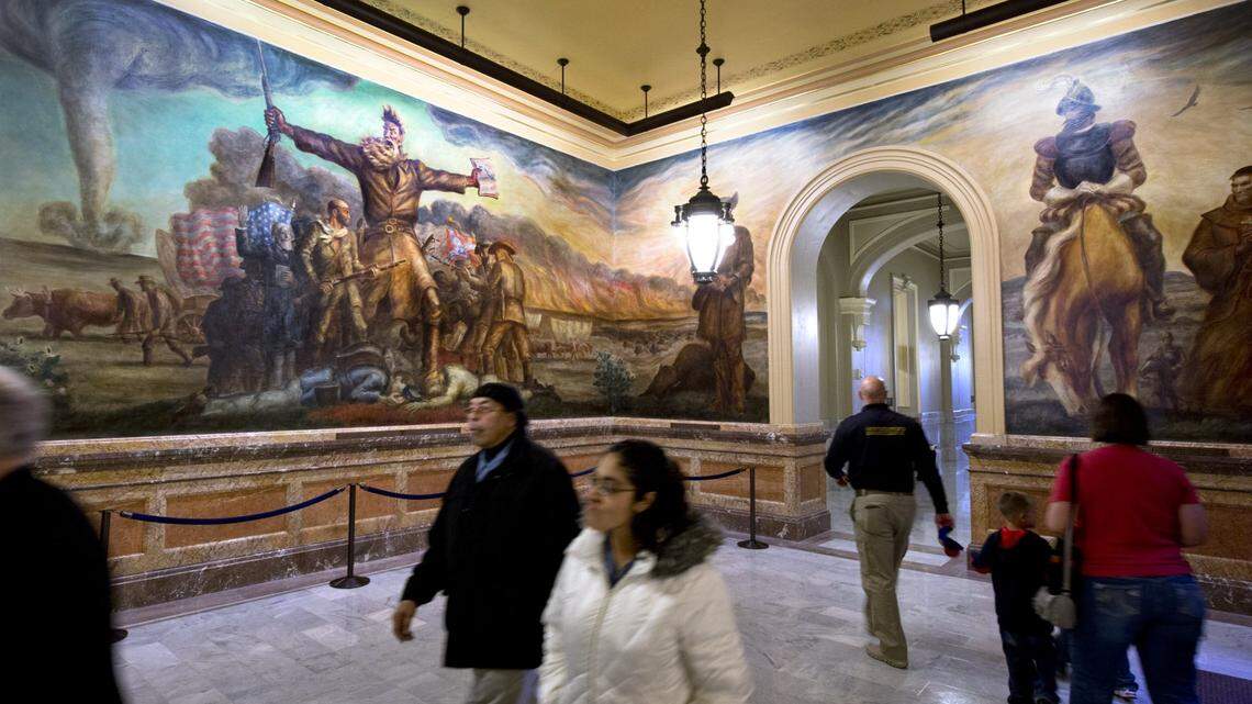 Murals, including Tragic Prelude (left) showing a raging John Brown, were painted by John Steuart Curry in the Capitol in Topeka.