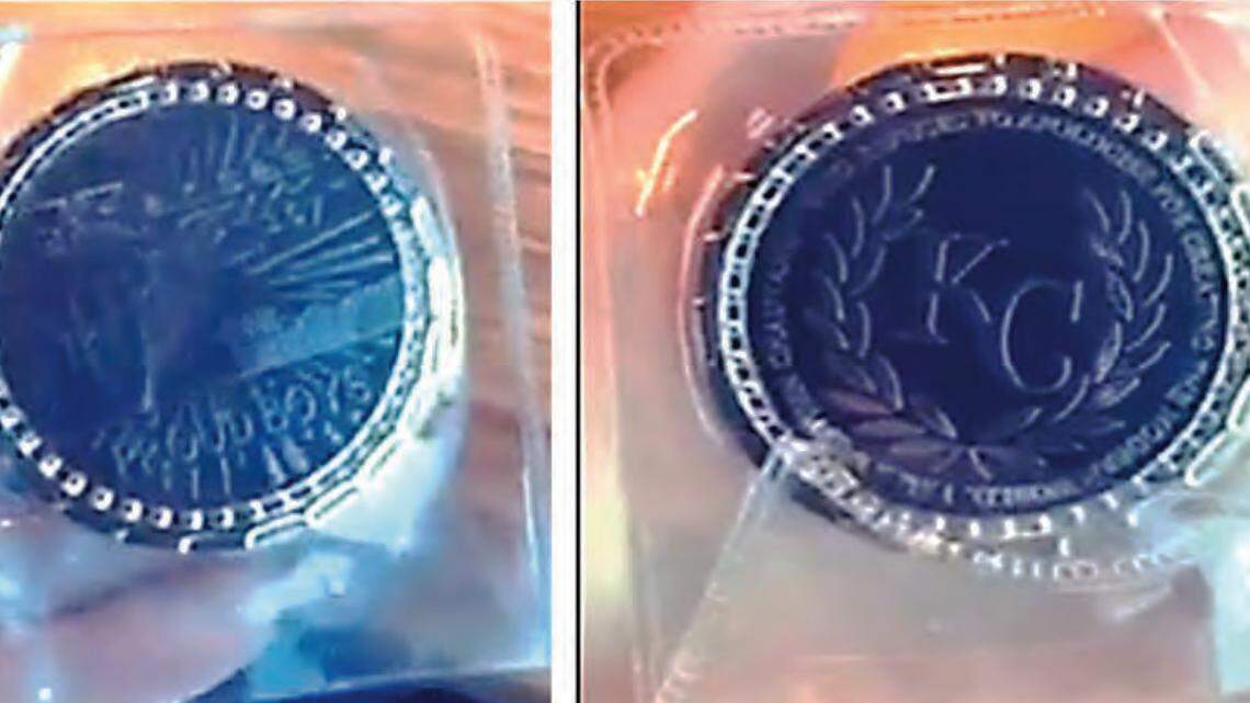 A two-sided “challenge coin” that appears to have markings that designate it as belonging to the Kansas City Proud Boys.