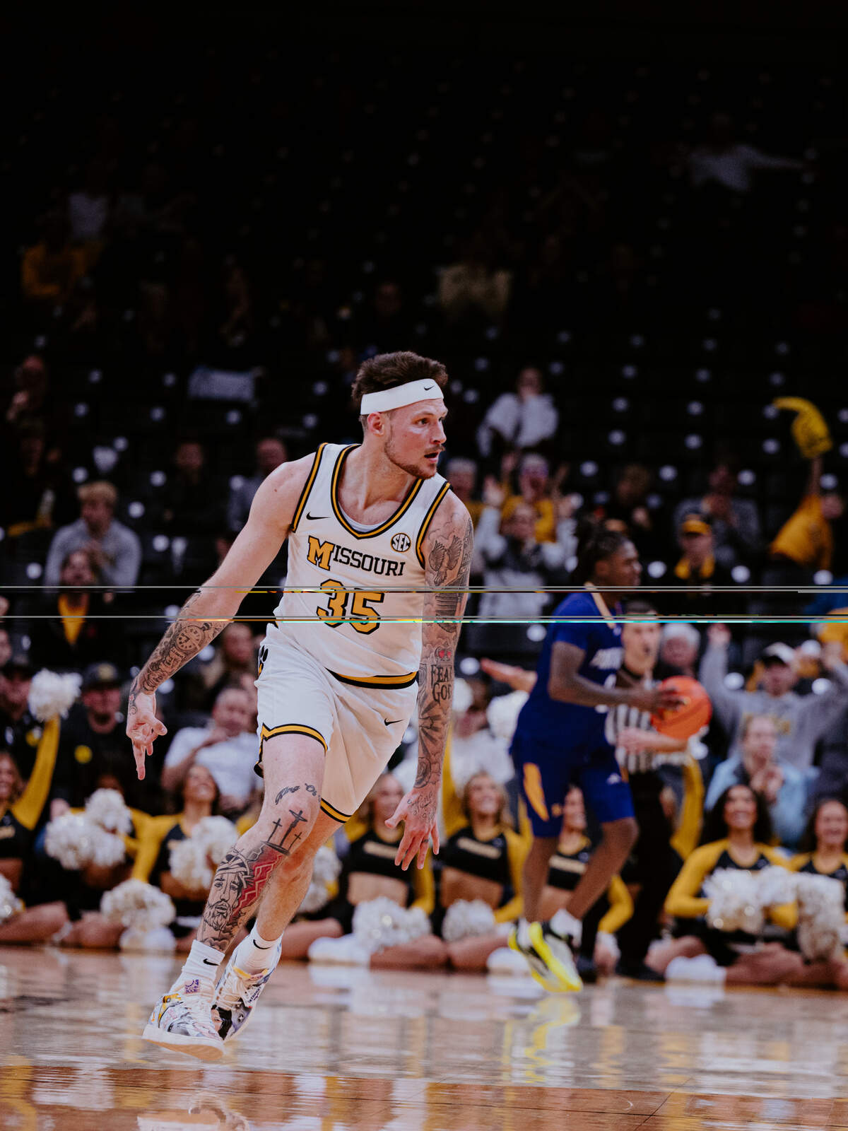 Missouri Tigers forward Jacob Crews celebrates against Prairie View A&M at Mizzou Arena on Nov. 17, 2025.