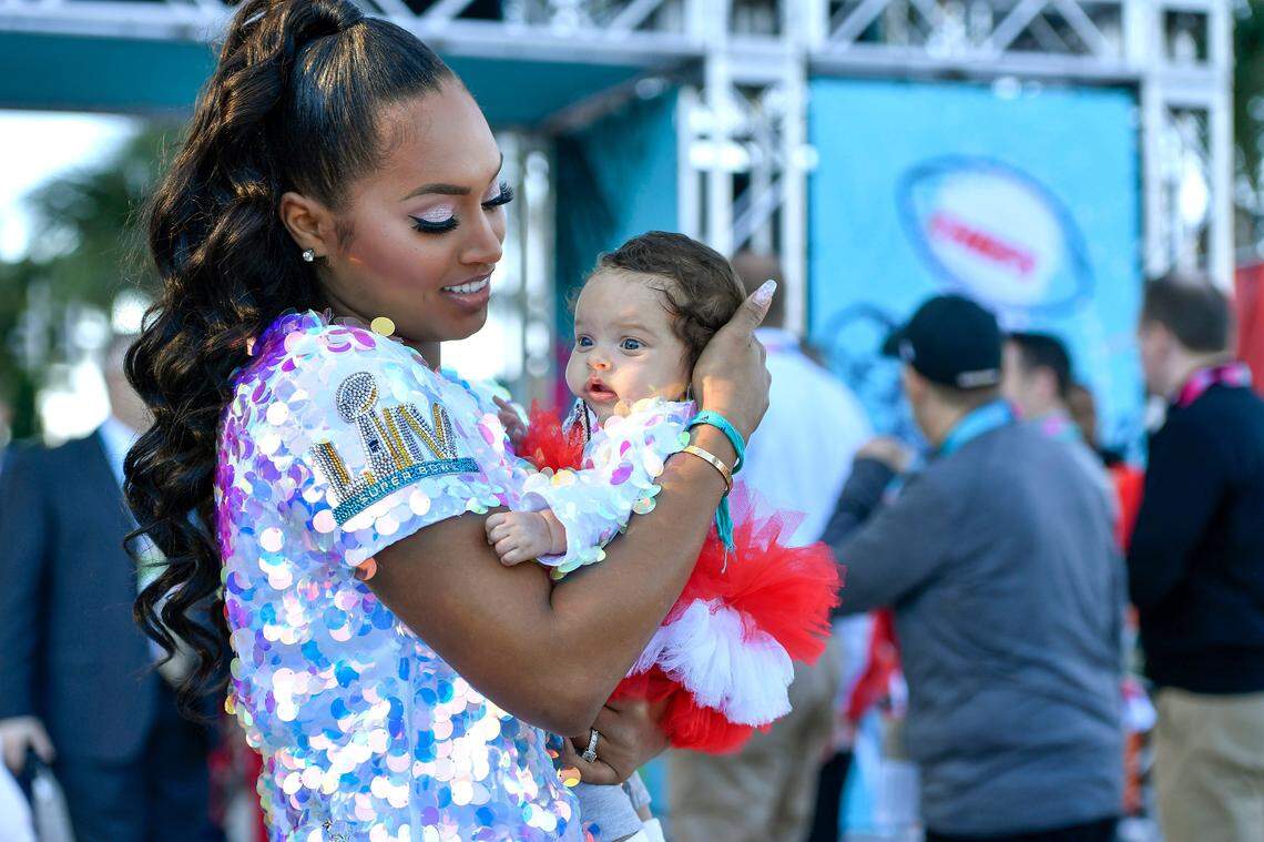 In 2020, Sydni Russell, fiancée of Kansas City Chiefs safety Tyrann Mathieu, arrived for Super Bowl LIV in Miami with their then-2-month-old daughter, Mila.