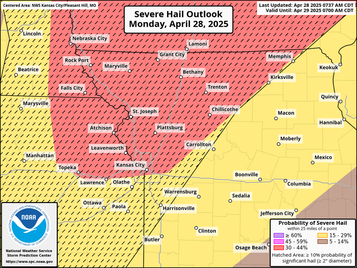 Large hail will be possible as severe thunderstorms move through the Kansas City area, according to the Natioanl Weather Service’s Storm Predicition Center. The weather service said there is a potential for hail the size baseballs, or even larger, for several hours after sunset.