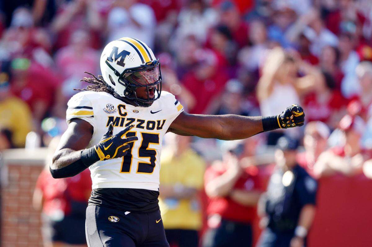 Missouri Tigers defensive end Johnny Walker Jr. celebrates a sack against the Alabama Crimson Tide during Saturday’s game at Bryant-Denny Stadium.