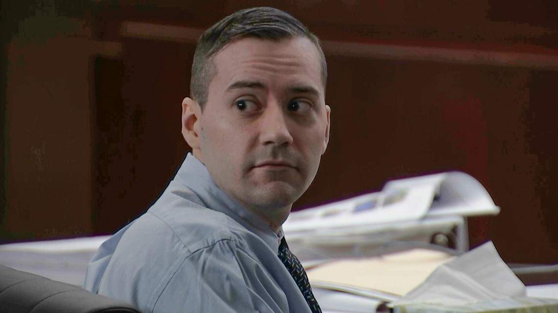 Joshua Rocha, who is accused of killing North Kansas City police officer Daniel Vasquez in July 2022, looks into the gallery during the second day of his capital murder trial in a Clay County courtroom on Tuesday, Sept. 30, 2025. Prosecutors initially charged Rocha, 28, with first-degree murder and armed criminal action following Vasquez’s death, and later filed to seek the death penalty.