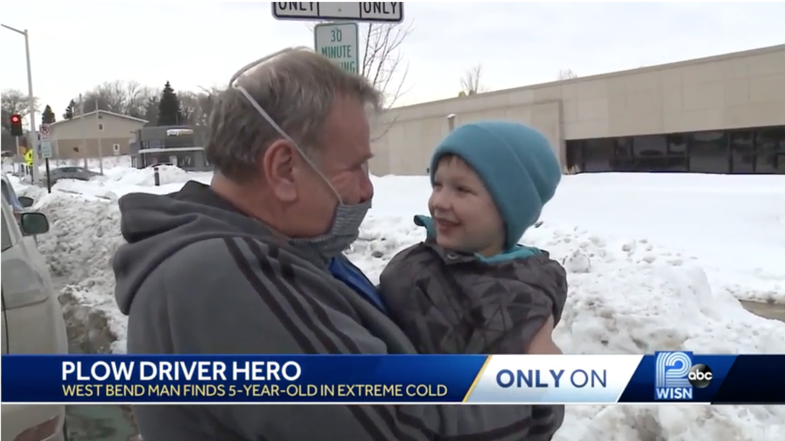 David Gehrke, 61, was driving a snowplow when he spotted 5-year-old Maddox Pierce alone in the street in only his pajamas, Wisconsin police say. He scooped up the boy and put him in his truck until police arrived.