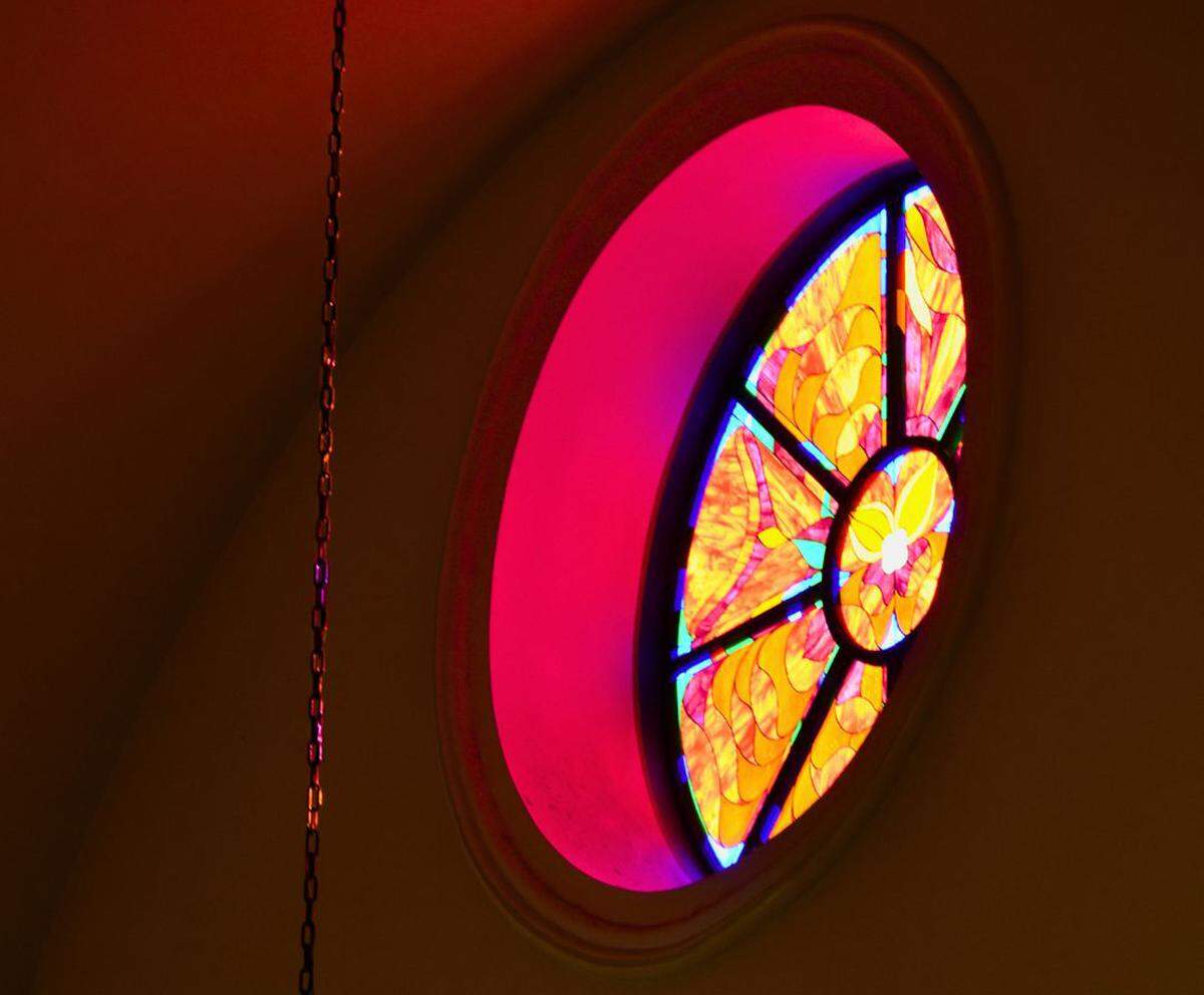 A stained glass window in one of the chapels at the Benedictine Sisters of Mount St. Scholastica monastery