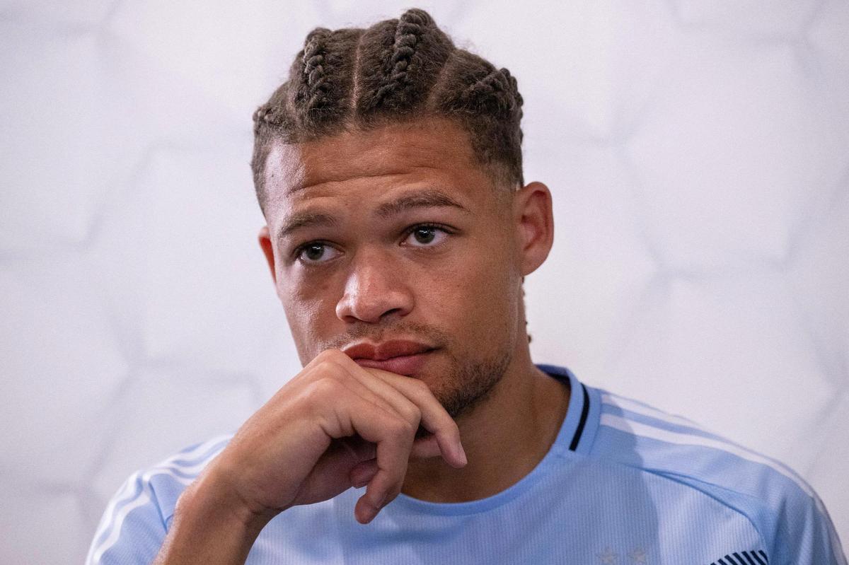 Sporting Kansas City defender Zorhan Bassong meets with reporters during media day at Children’s Mercy Park on Friday, Feb. 14, 2025, in Kansas City, Kansas.
