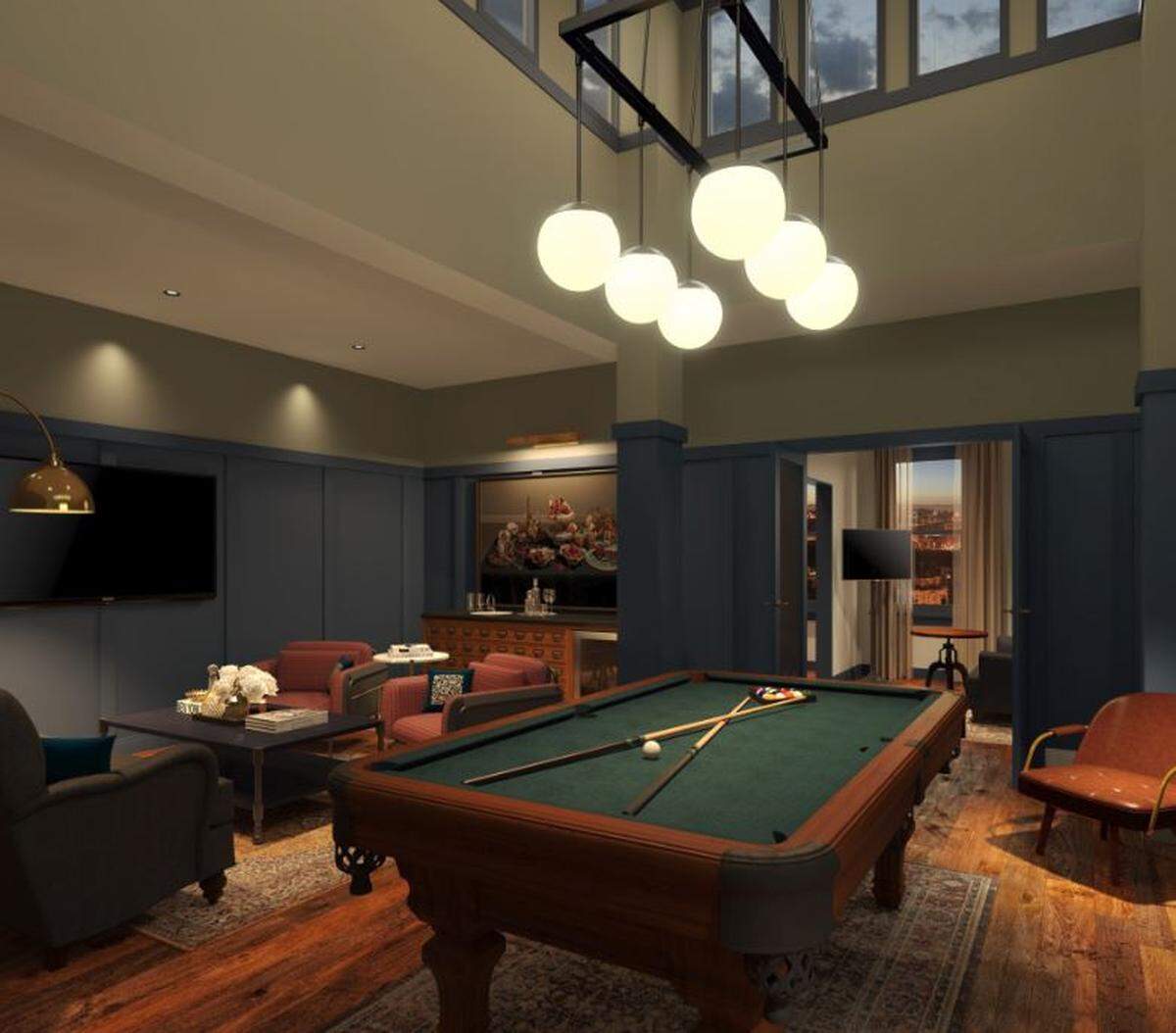 Hospitality suites will have bars, billiards and meeting areas.