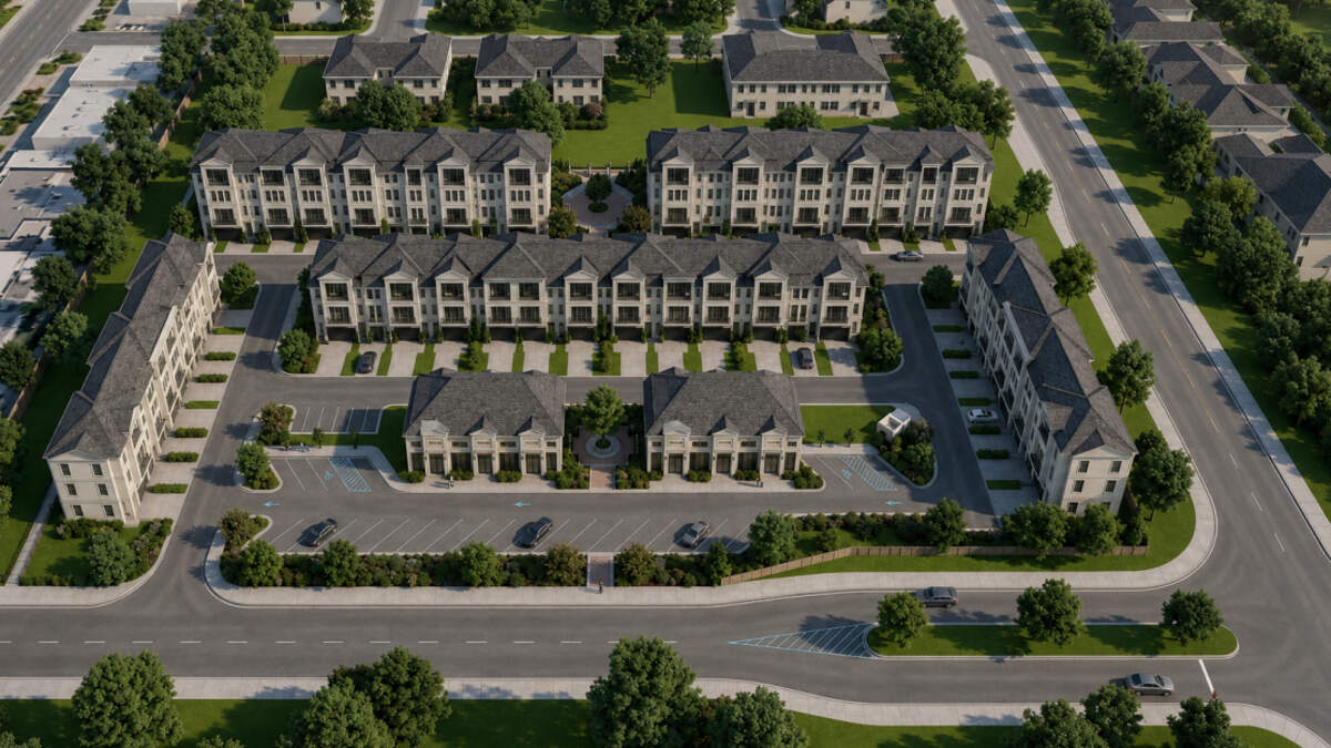 Renderings of The Row at Uptown, a proposed new development of town homes and commercial space at 133rd Street and Black Bob Road. Developers designed the buildings in French Renaissance architecture.