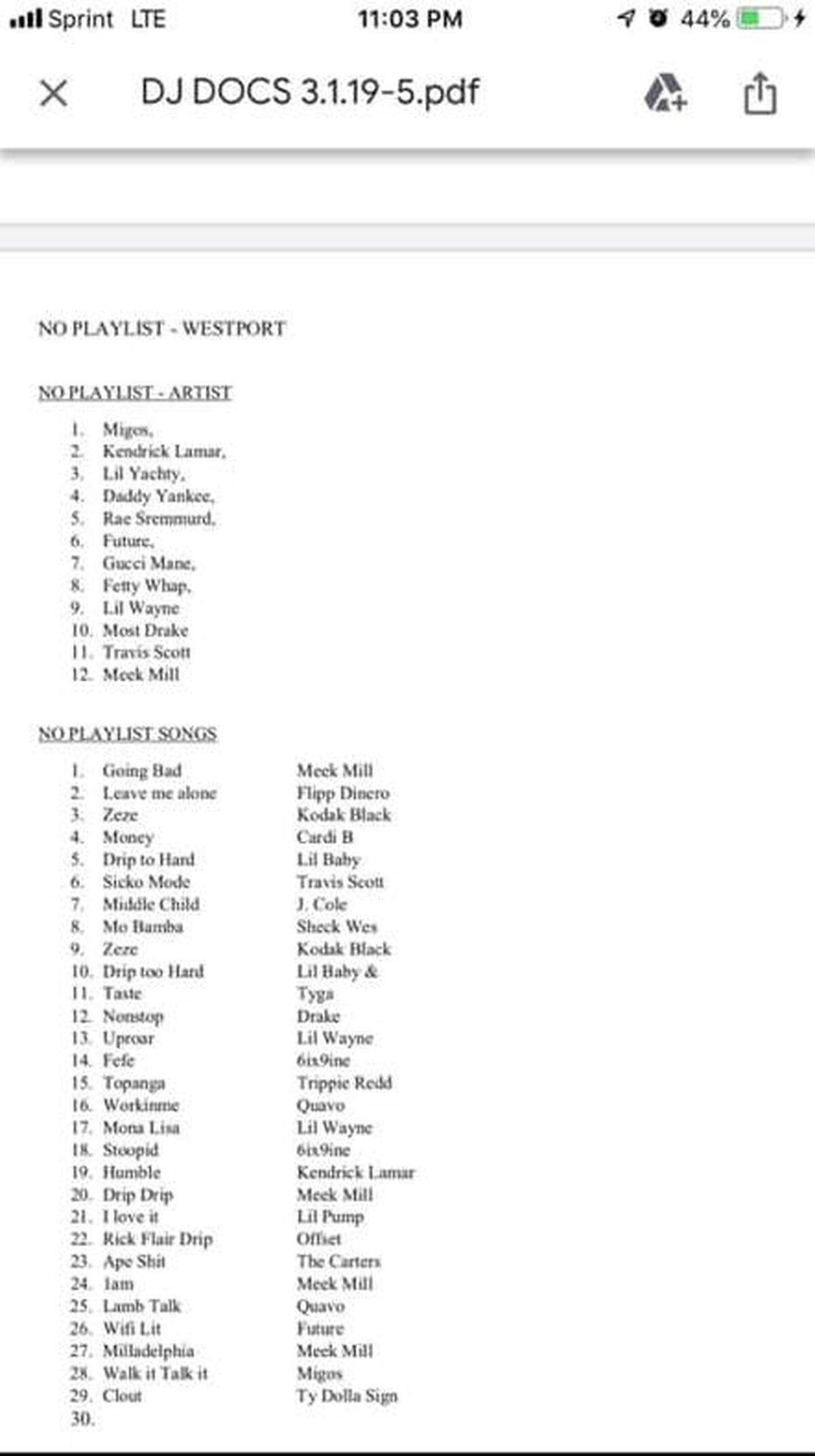 Joshua Hudspeth posted this screenshot of a “no play list” to Facebook showing songs banned from rotation at a popular Westport bar. The list, featuring only rap and hip-hop artists of color, created a social media firestorm. But the bar owner says the list was taken out of context.