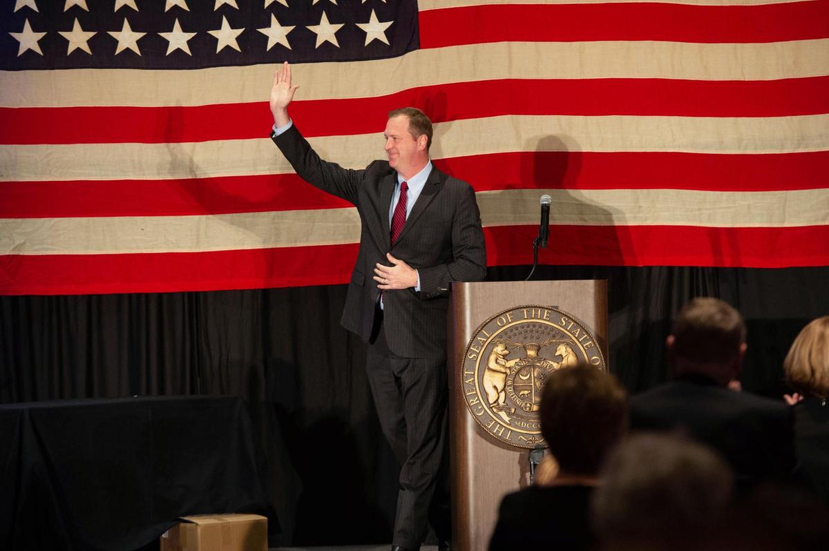 Missouri Attorney General Eric Schmitt spoke at the 2021 Jackson County Republican PartyÕs Reagan-Lincoln Day Dinner in Kansas City.