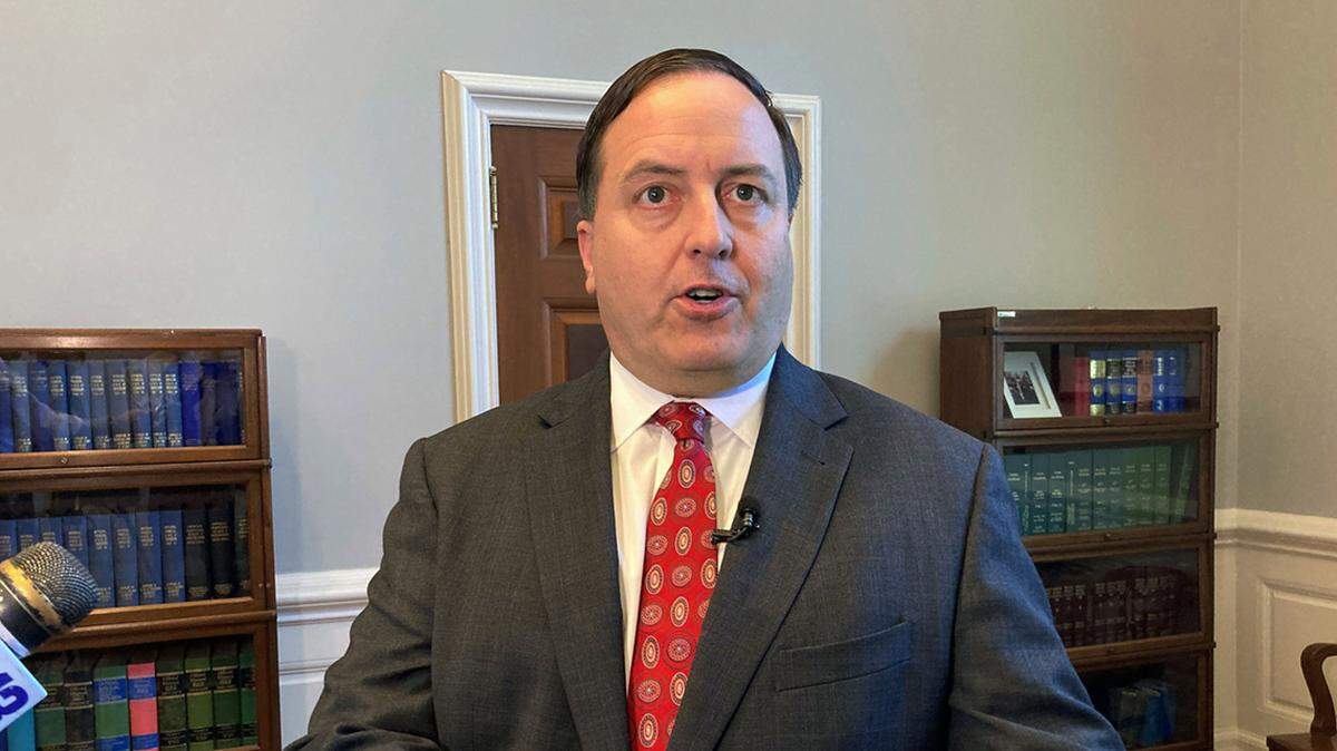 Missouri Secretary of State Jay Ashcroft speaks to reporters on Wednesday, June 29, 2022, at his Capitol office in Jefferson City, Mo. Ashcroft supported legislation signed into law by Gov. Mike Parson that will require a photo identification to cast a regular ballot. (AP Photo/David A. Lieb)