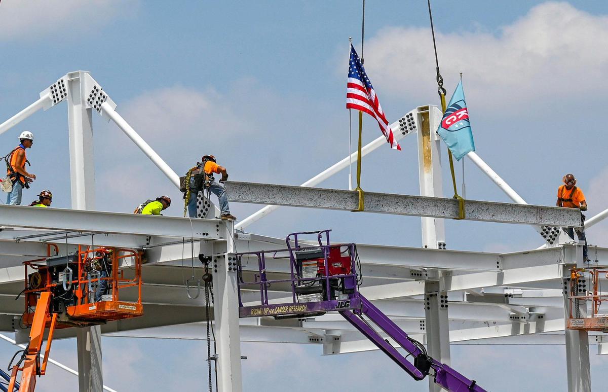 A milestone was marked as the KC Current celebrated the final beam being lowered into place at the new KC Current stadium under construction Wednesday, June 21, 2023, at Berkley Riverfront Park in Kansas City.