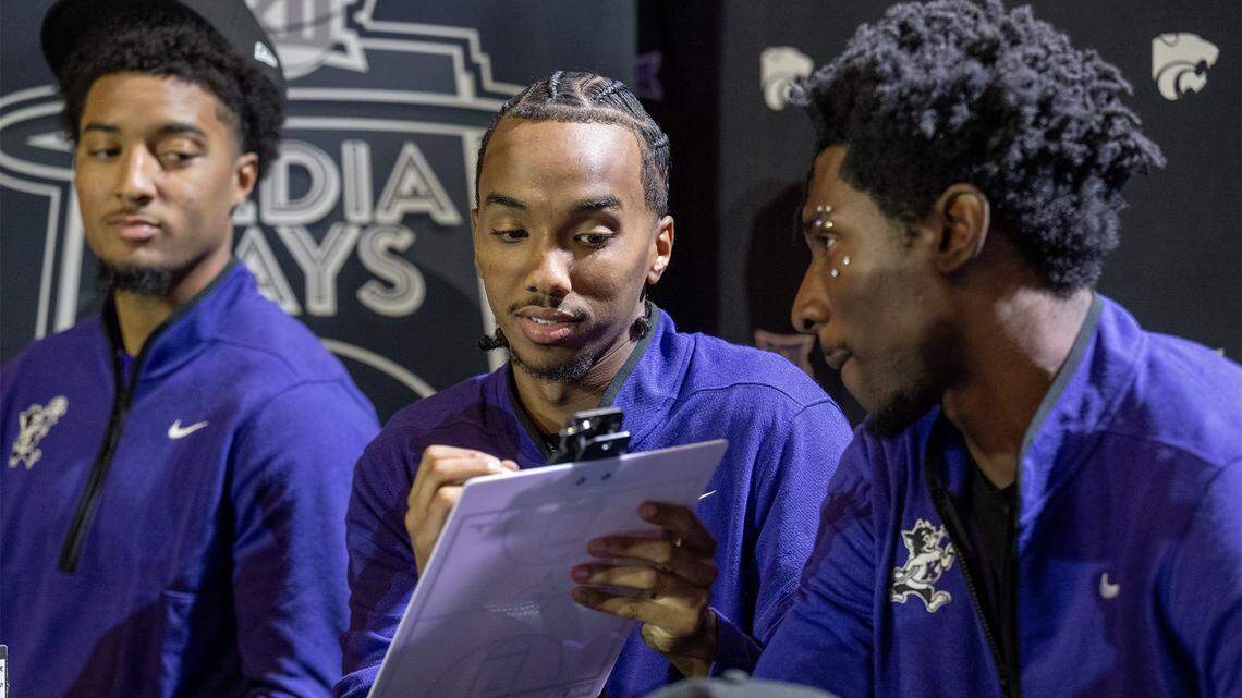 Kansas State basketball players PJ Haggerty, from left, Abdi Bashir Jr. and Mobi Ikegwuruka answer questions during Big 12 Basketball Media Days at T-Mobile Center on Wednesday, October 22, 2025, in Kansas City.