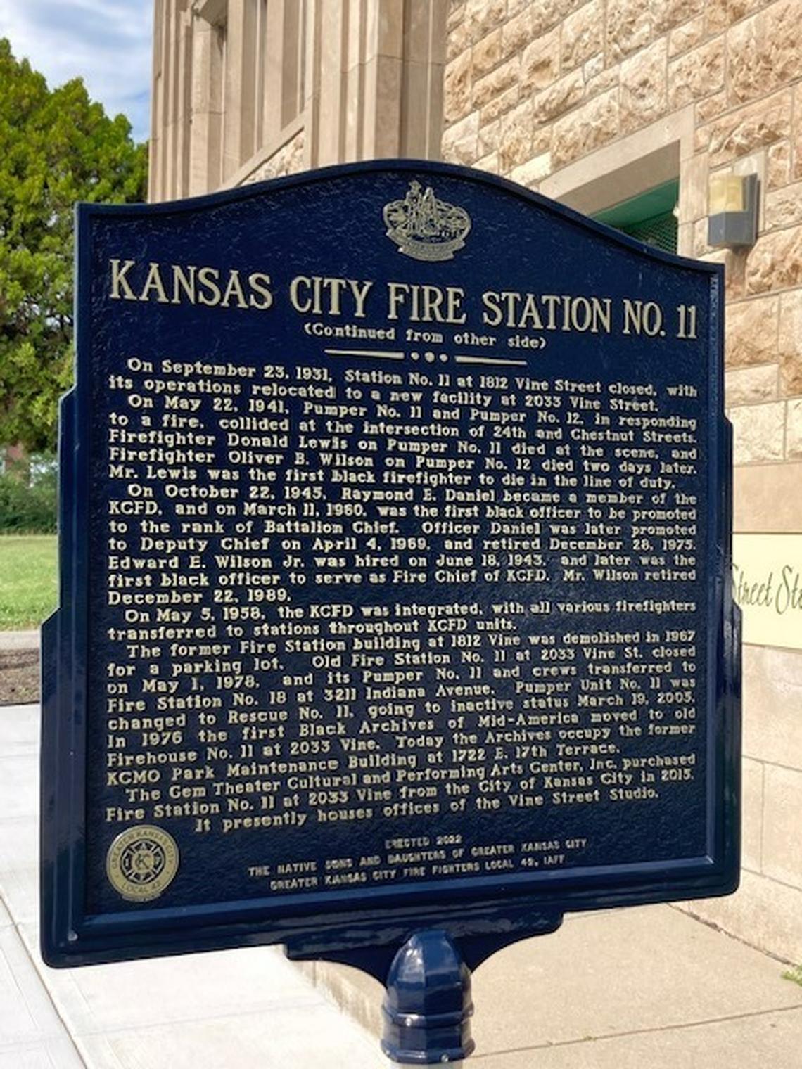 An historic marker at Fire Station No. 10, 2033 Vine St., recounts the death the 1941 death of Donald Lewis, the first Black firefighter in Kansas City to die in the line of duty, when two fire trucks collided.