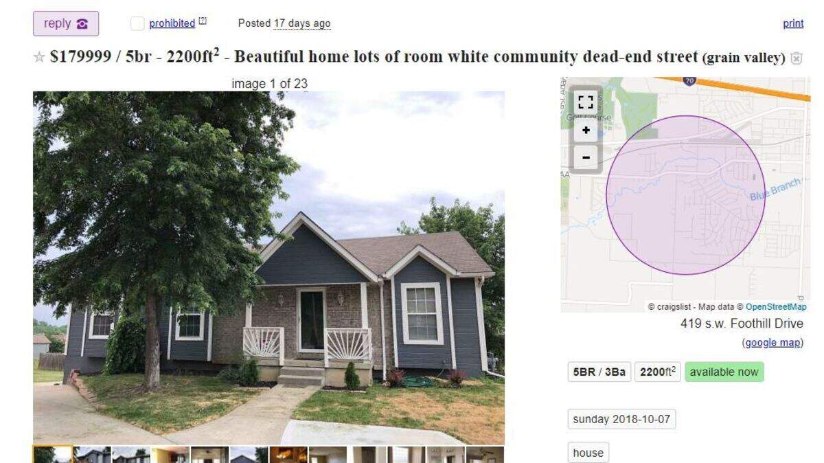 This Craigslist ad for a home in Grain Valley highlights its “white community.” The ad has since been changed.