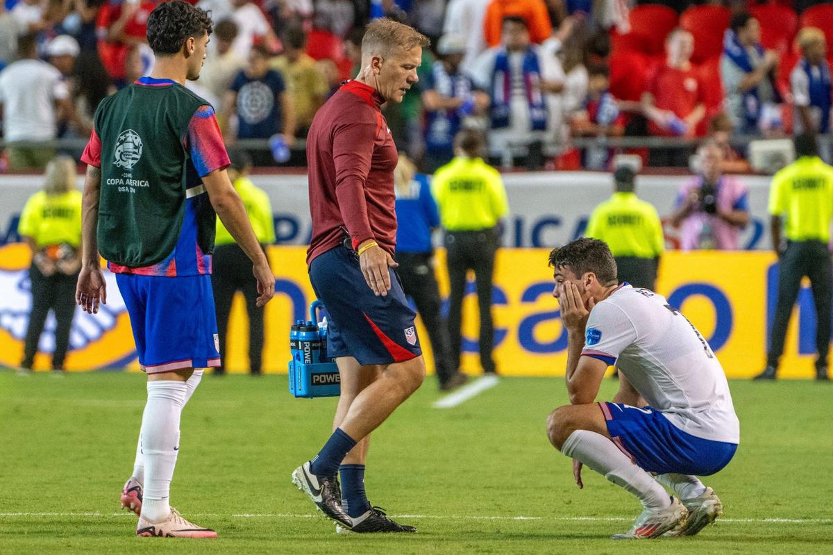 United States midfielder Giovanni Reyna (7) remains on the field after Uruguay’s 1-0 victory in a Copa America match at GEHA Field at Arrowhead Stadium on Monday, July 1, 2024, in Kansas City.