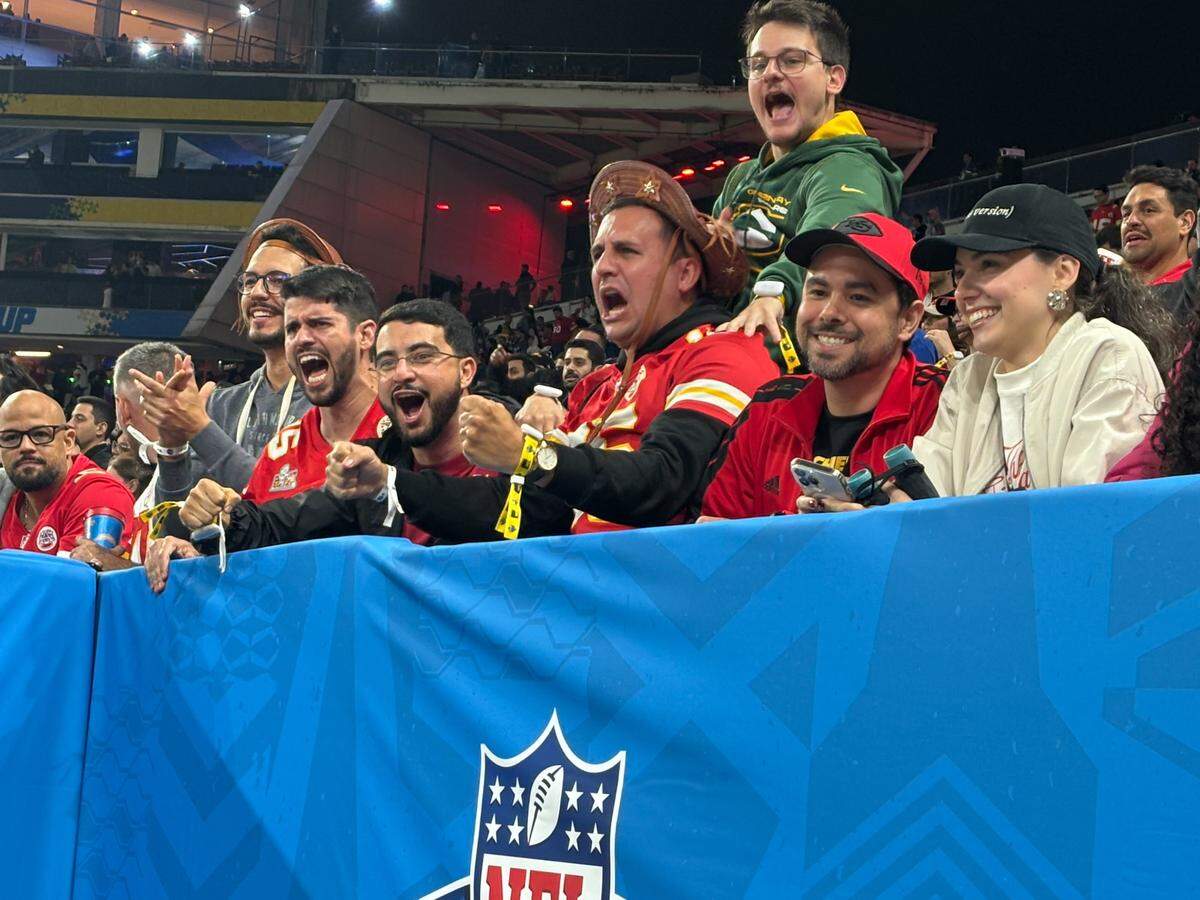 Fans cheer inside Corinthians Arena shortly before kickoff of the Kansas City Chiefs’ season-opening NFL game against the Los Angeles Chargers on Friday, Sept. 5, 2025 in Sao Paulo, Brazil.