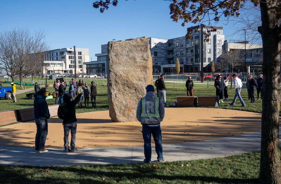 A 38,000-pound granite boulder at the center of the park is 12 feet tall.