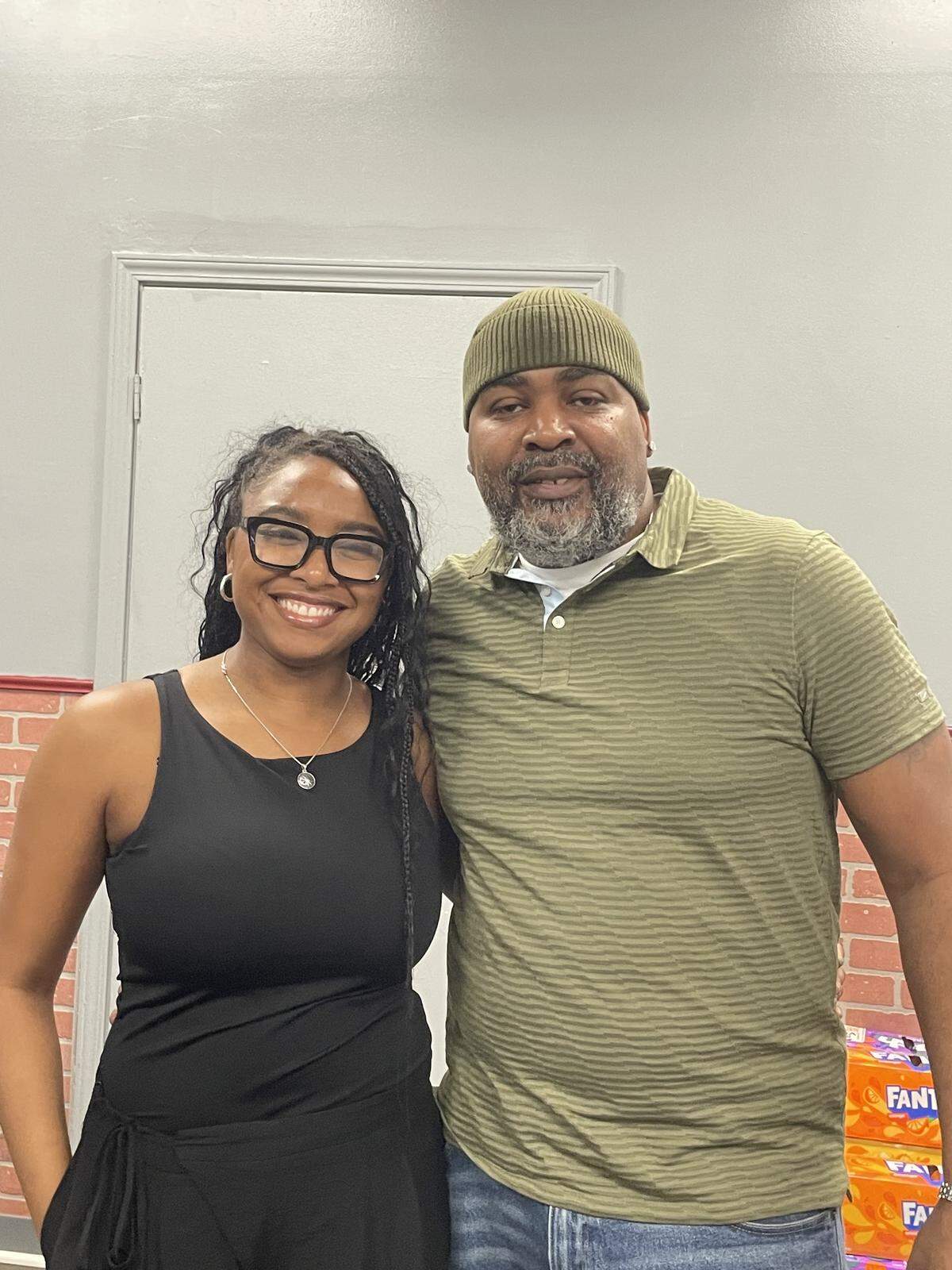 Imani Jacobs and George Jacobs stand for a portrait at Headlines Barber Academy on the afternoon of March 20, 2026.