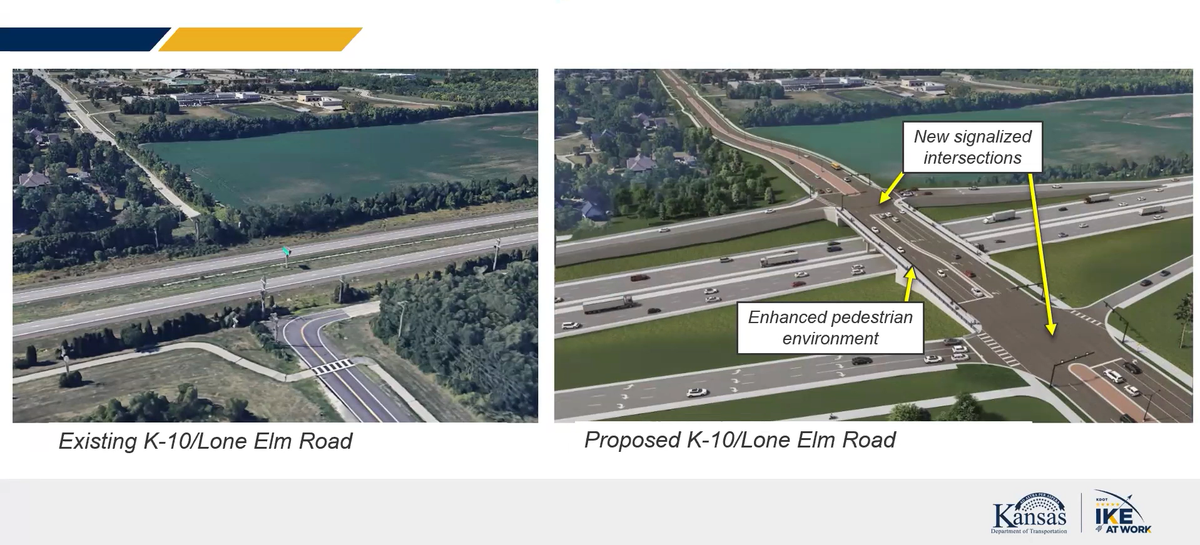A rendering of the planned Lone Elm Road interchange shows a bridge connecting Lenexa and Olathe.