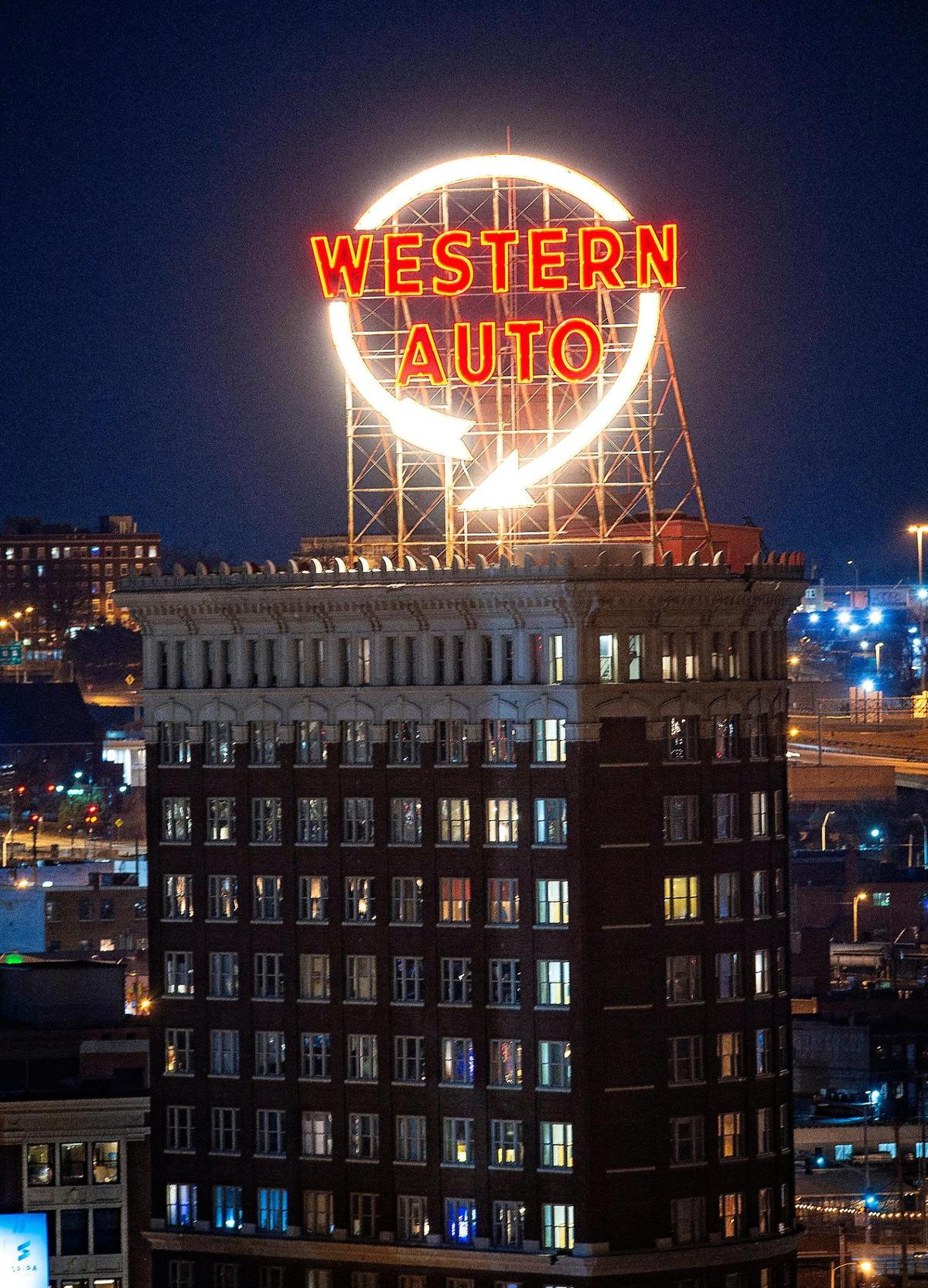 The sign on the Western Auto building is always lit in Kansas City Chiefs colors.