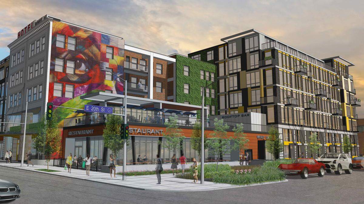 Looking from the southwest corner of the project at Main Street and 20th Street, an architectural rendering shows the coming City Club Apartments Crossroads.