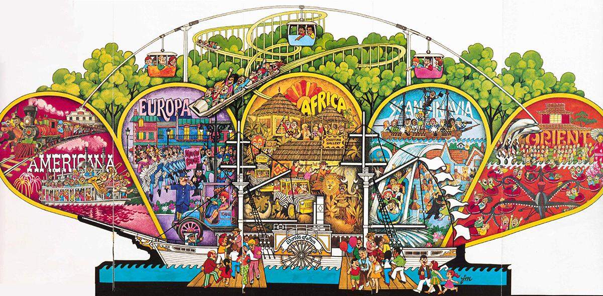 An illustration details the five original geographic zones at Worlds of Fun.