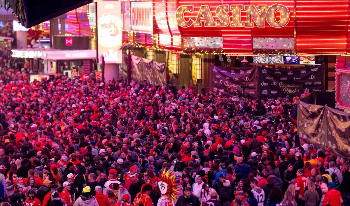 Hundreds of Chiefs fans crowded Fremont Street during a fan gathering on Saturday, Feb. 10, 2024, in Las Vegas.