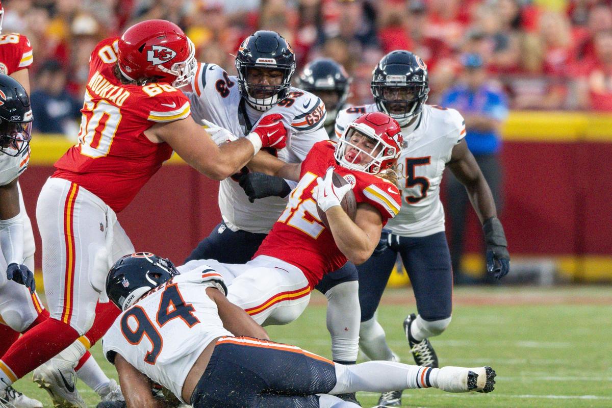 Kansas City Chiefs running back Carson Steele gets tackled on a run in the first quarter of the Chiefs vs Chicago Bears preseason game on Aug. 22, 2024, at GEHA Field at Arrowhead Stadium.