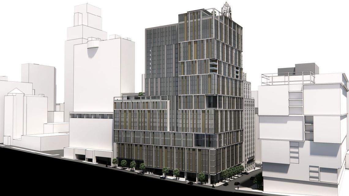 This rendering, included in city documents, shows plans for a new hotel and residential tower that St. Louis-based developer Lux Living plans for the northeast corner of the intersection of Wyandotte Street and W. 14th Street.
