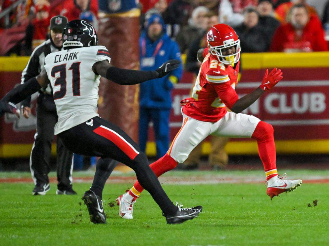 Kansas City Chiefs running back Brashard Smith (24) makes a kick return in the second quarter of the game against the Houston Texans at GEHA Field at Arrowhead Stadium on Sunday, Dec. 7, 2025.